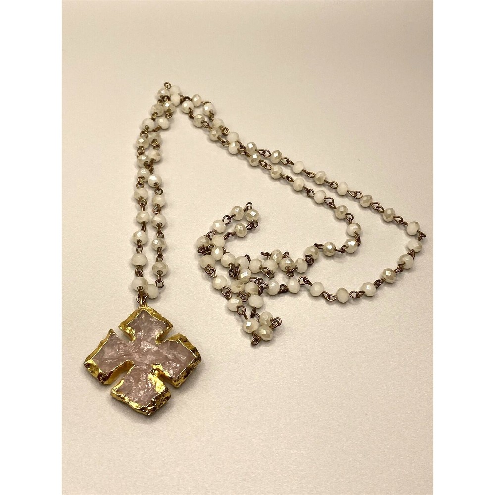 Moon Gemstone Faceted Quartz Necklace 36" with French Cross Gold Outline NH